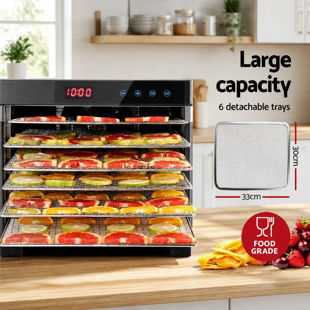 Food Dehydrator Stainless Steel 6 Tray Silver Adjustable Digital Temperature LCD Touch Control
