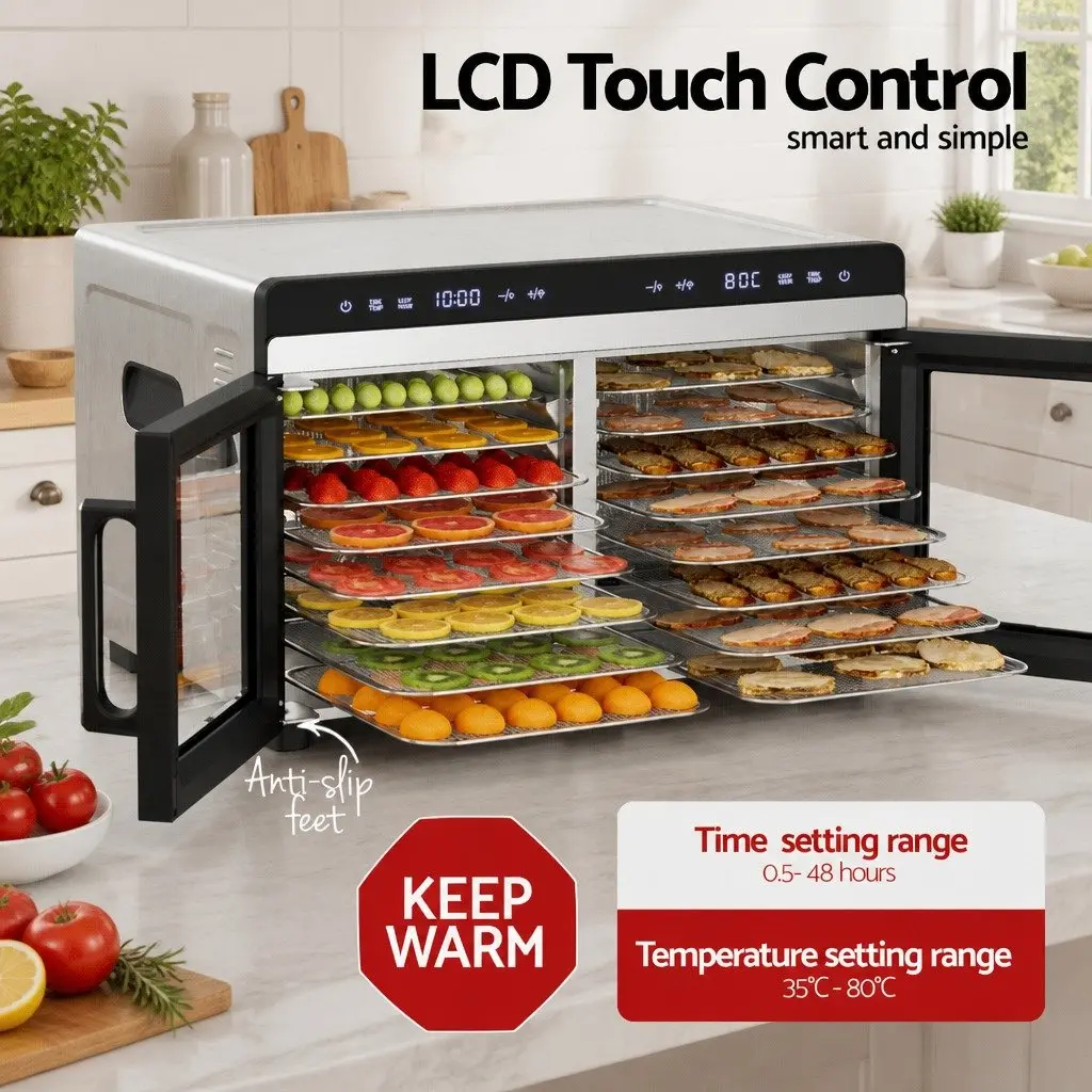 Food Dehydrator Stainless Steel Large Capacity Dual-Zone 16 Trays LED Control Silver