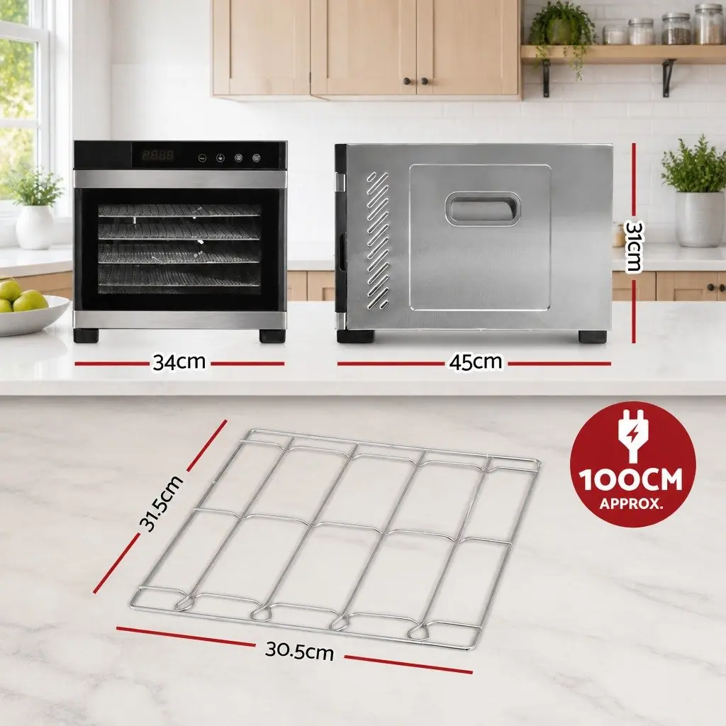 Food Dehydrator Stainless Steel 6 Tray Adjustable Temperature LCD Touch Control Silver
