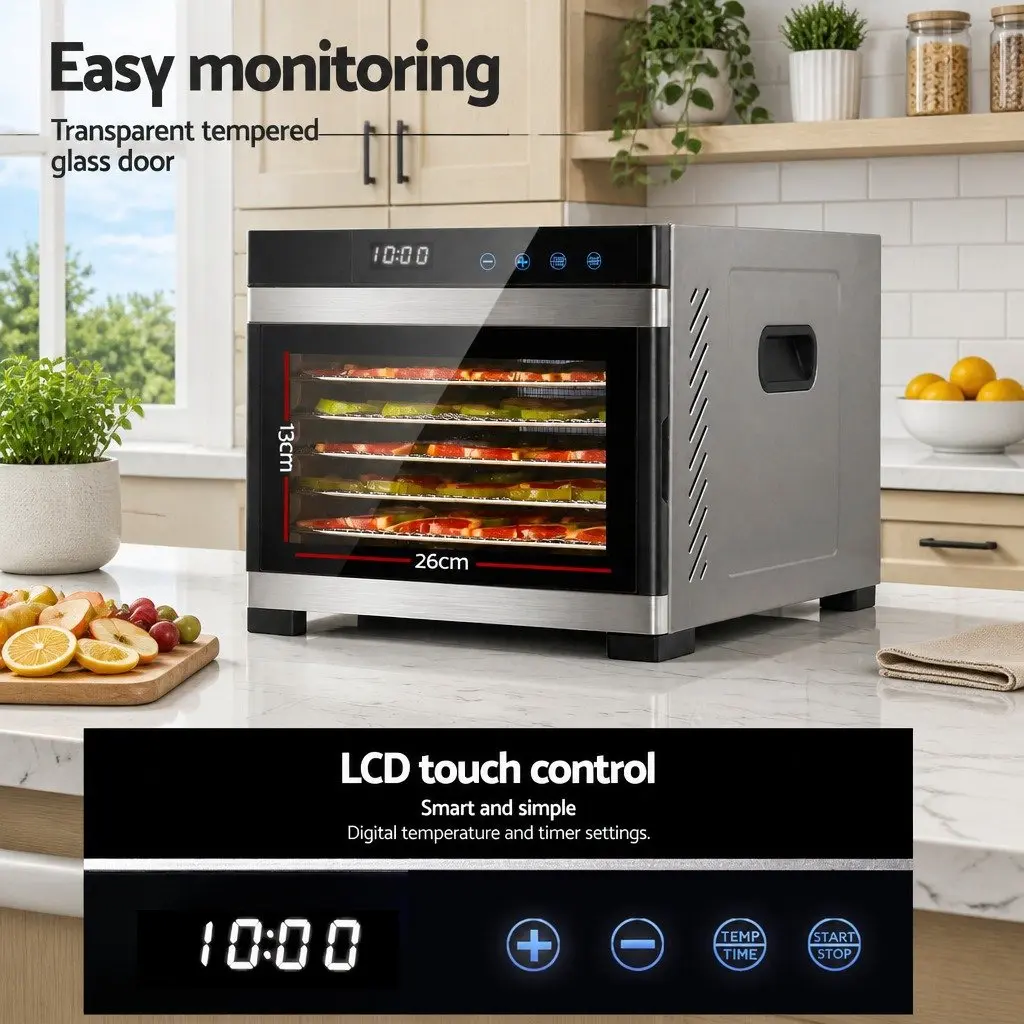 Food Dehydrator Stainless Steel 6 Tray Adjustable Temperature LCD Touch Control Silver