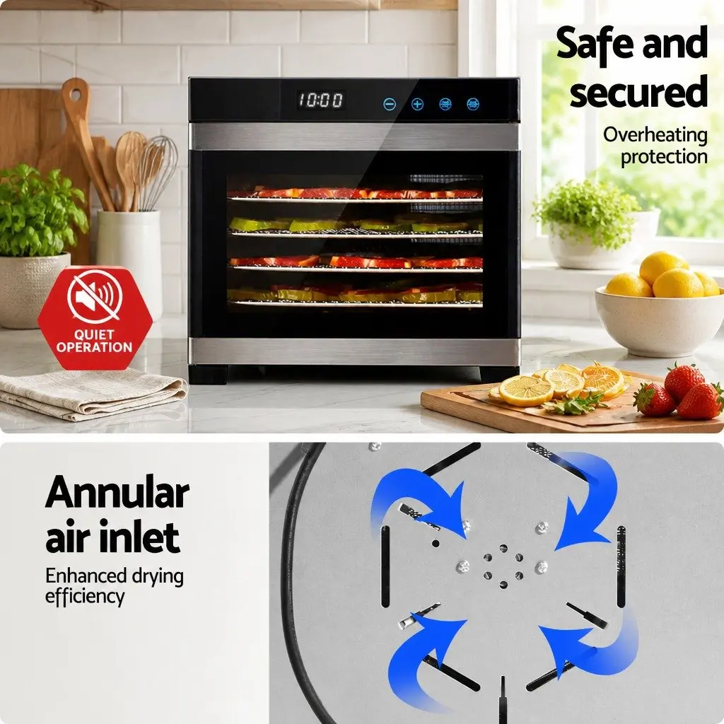 Food Dehydrator Stainless Steel 6 Tray Adjustable Temperature LCD Touch Control Silver