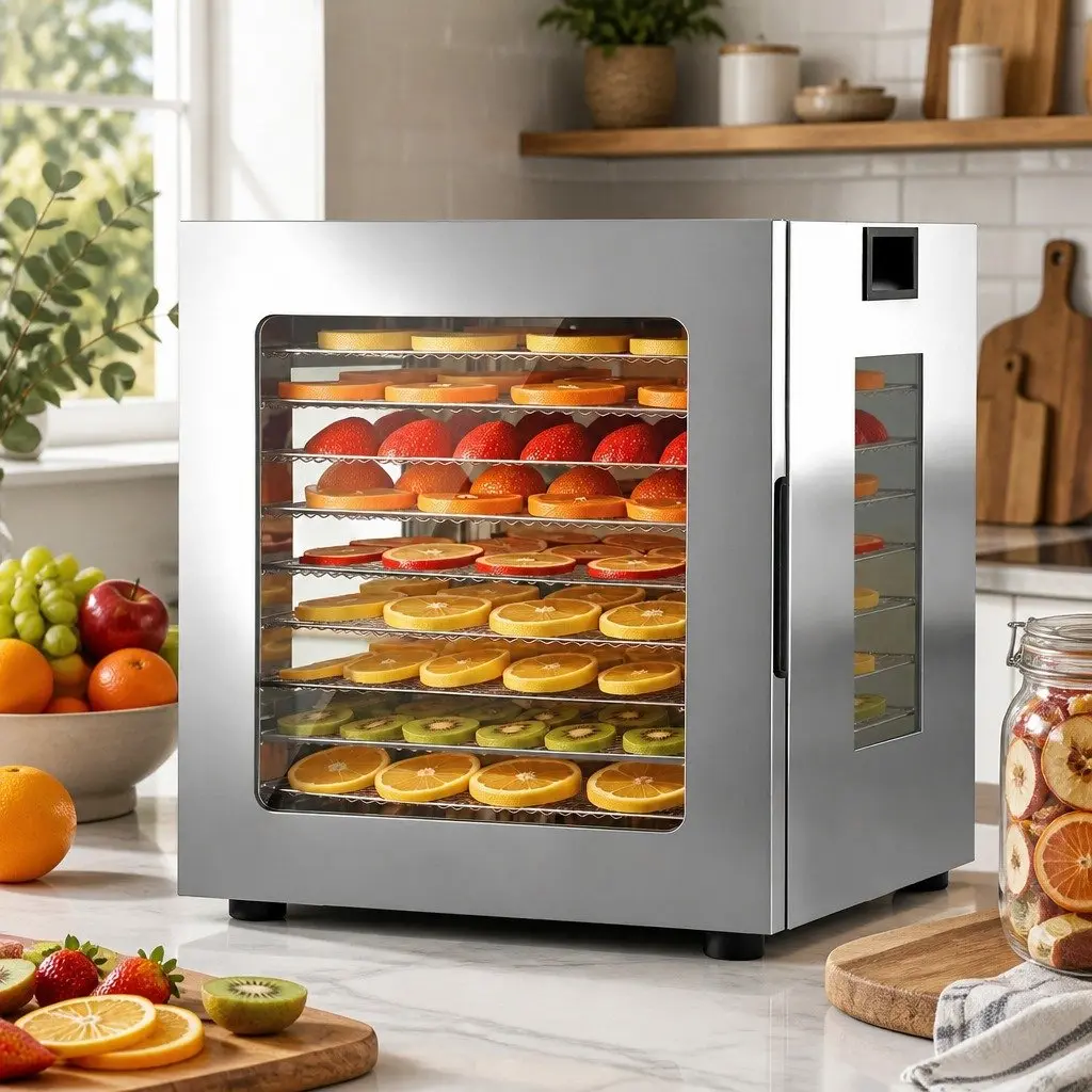 10 Tray Food Dehydrator Stainless Steel Glass Door LED Touch Control Silver