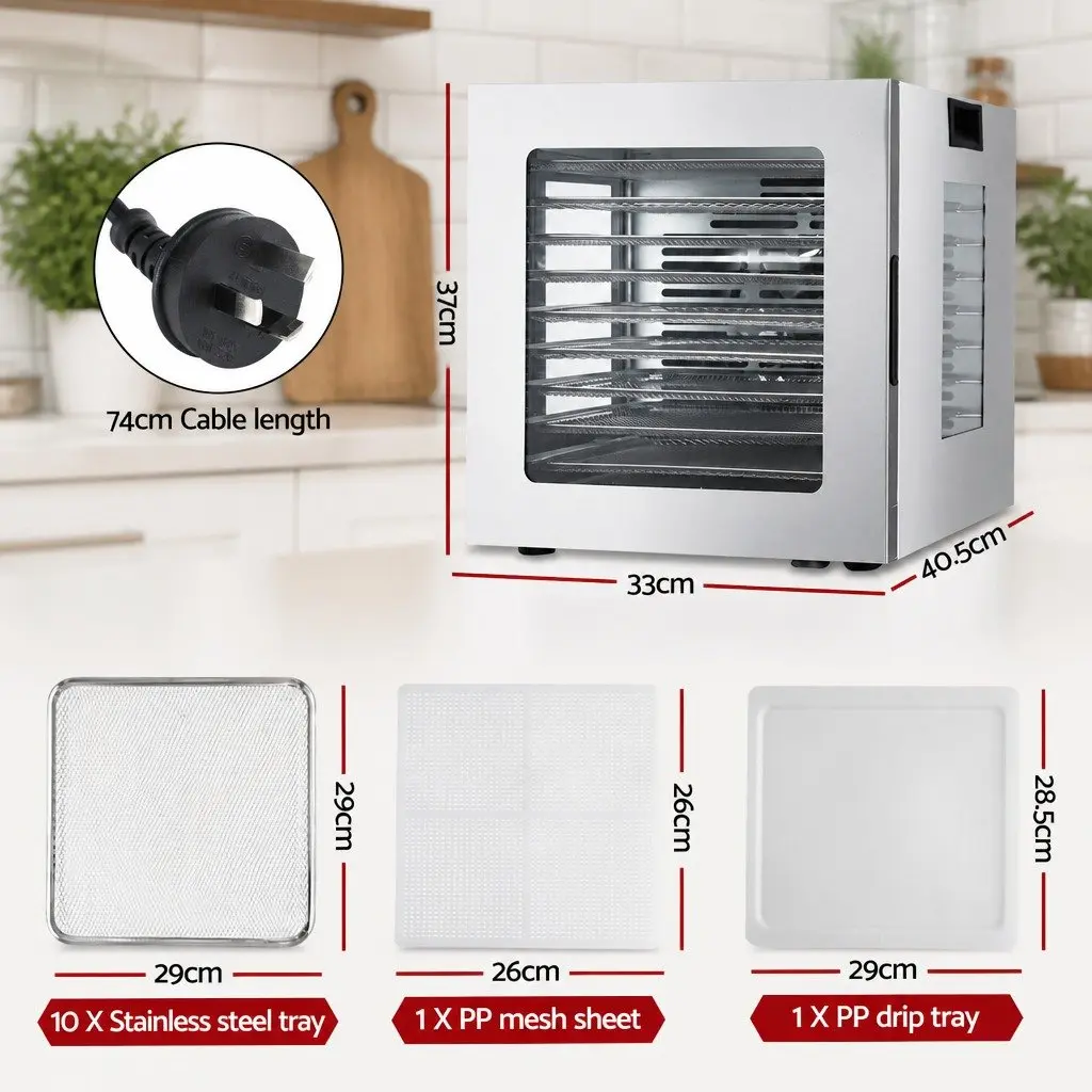 10 Tray Food Dehydrator Stainless Steel Glass Door LED Touch Control Silver