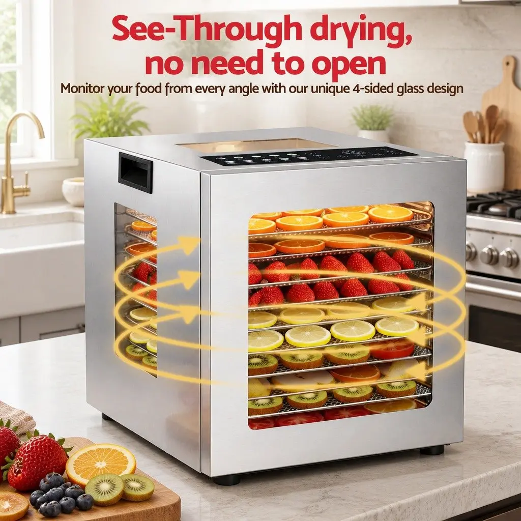 10 Tray Food Dehydrator Stainless Steel Glass Door LED Touch Control Silver