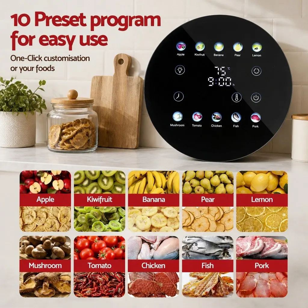 Food Dehydrator Stainless Steel 8 Trays Silver Auto-Rotate 10 Programs LED Touch Panel