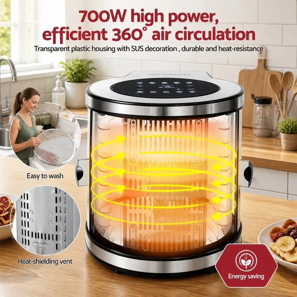 Food Dehydrator Stainless Steel 8 Trays Silver Auto-Rotate 10 Programs LED Touch Panel