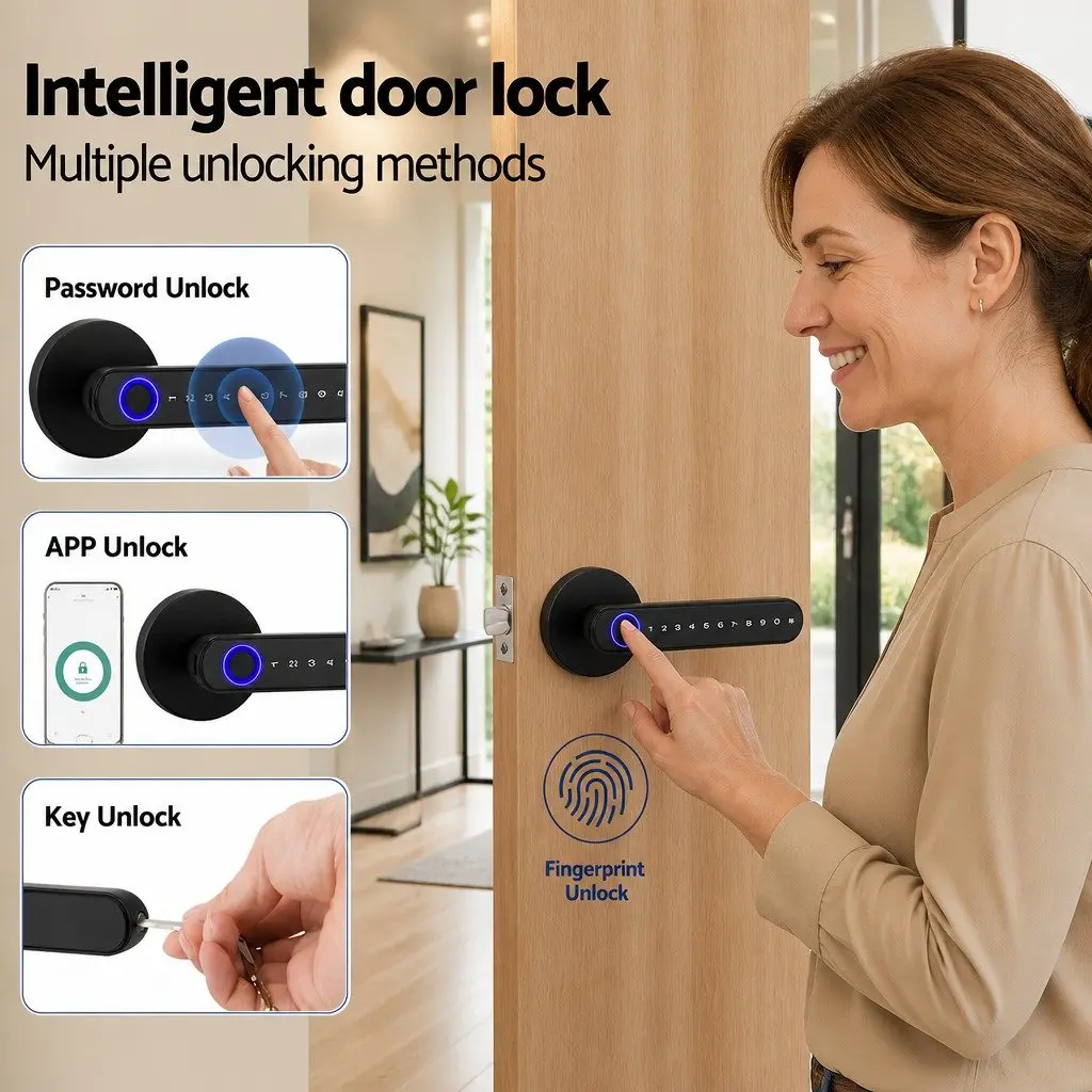 Electronic Fingerprint Door Lock Keyless Access Bluetooth App Black