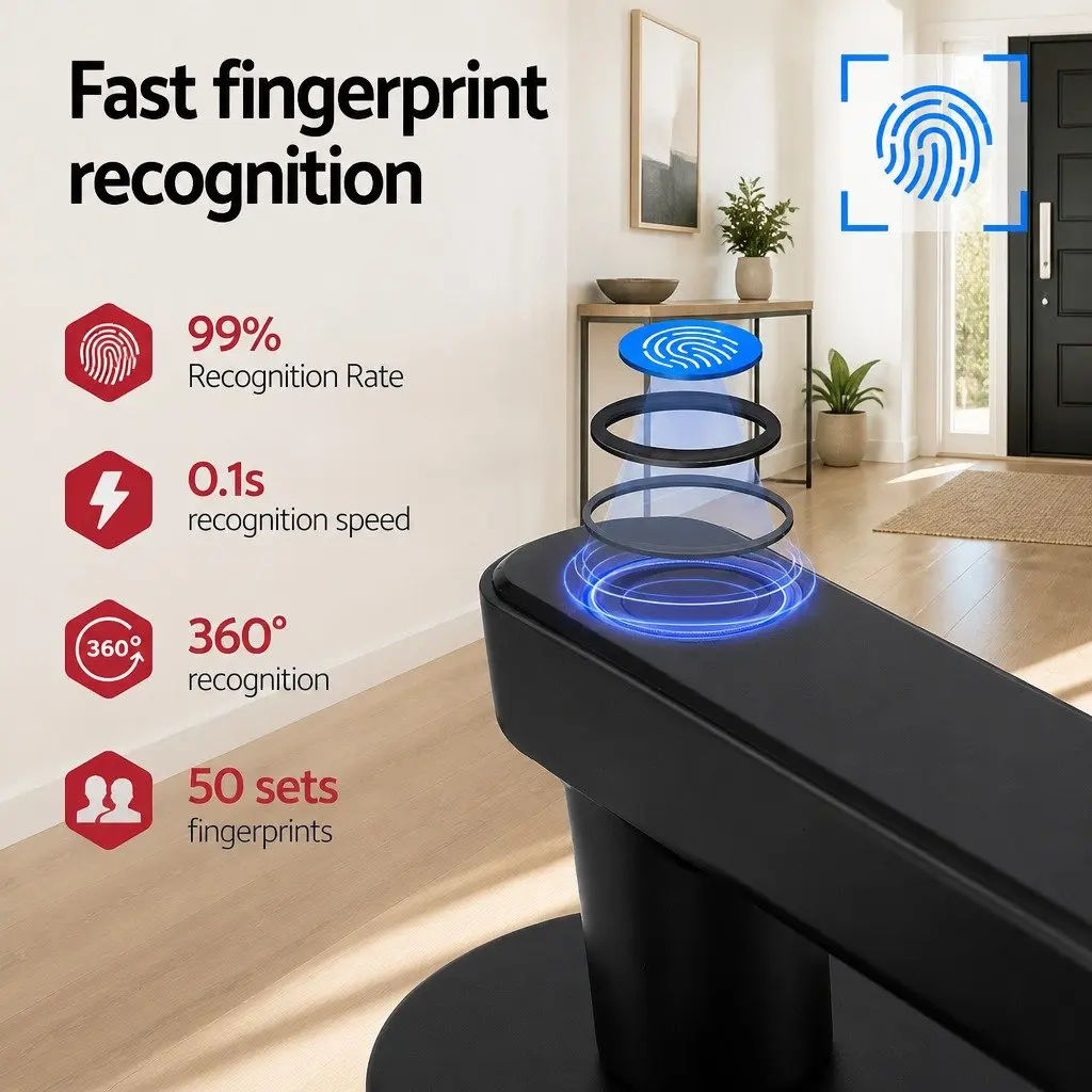 Electronic Fingerprint Door Lock Keyless Access Bluetooth App Black
