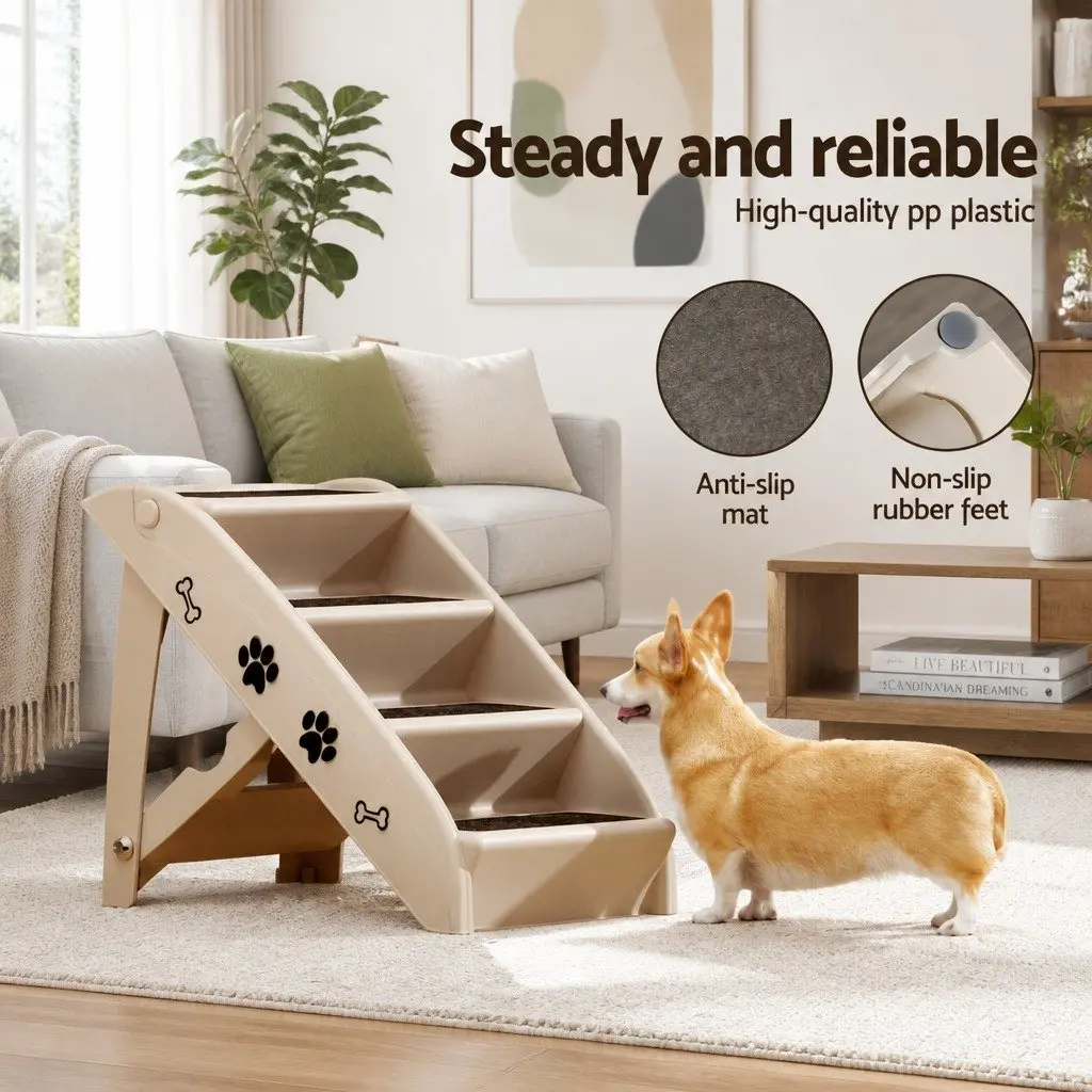 Dog Ramp Steps Portable Foldable PP Plastic 62cm x 40cm x 49cm Beige