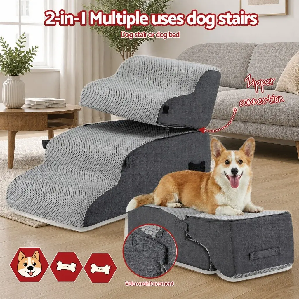 Dog Stairs and Bed Foam 2-in-1 Non-Slip Washable 40cm x 71cm x 50cm Grey