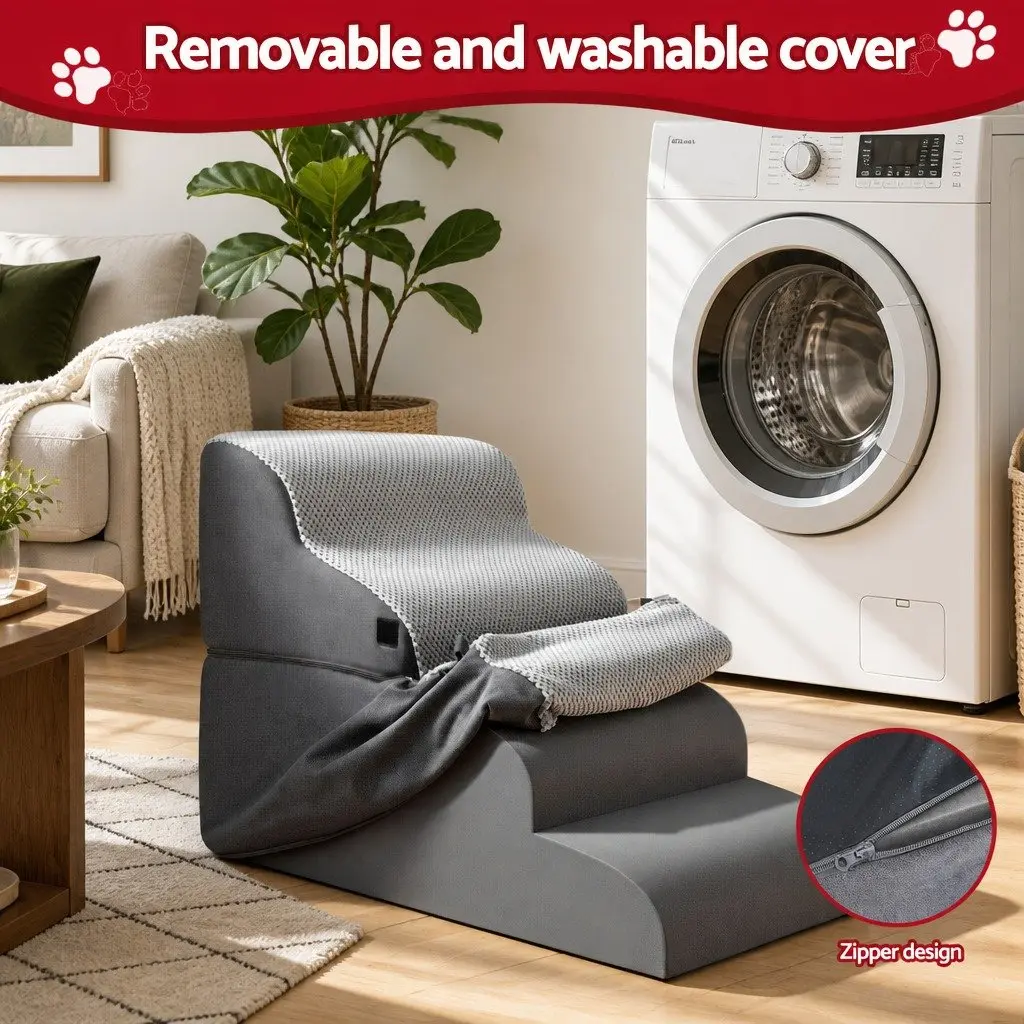 Dog Stairs and Bed Foam 2-in-1 Non-Slip Washable 40cm x 71cm x 50cm Grey