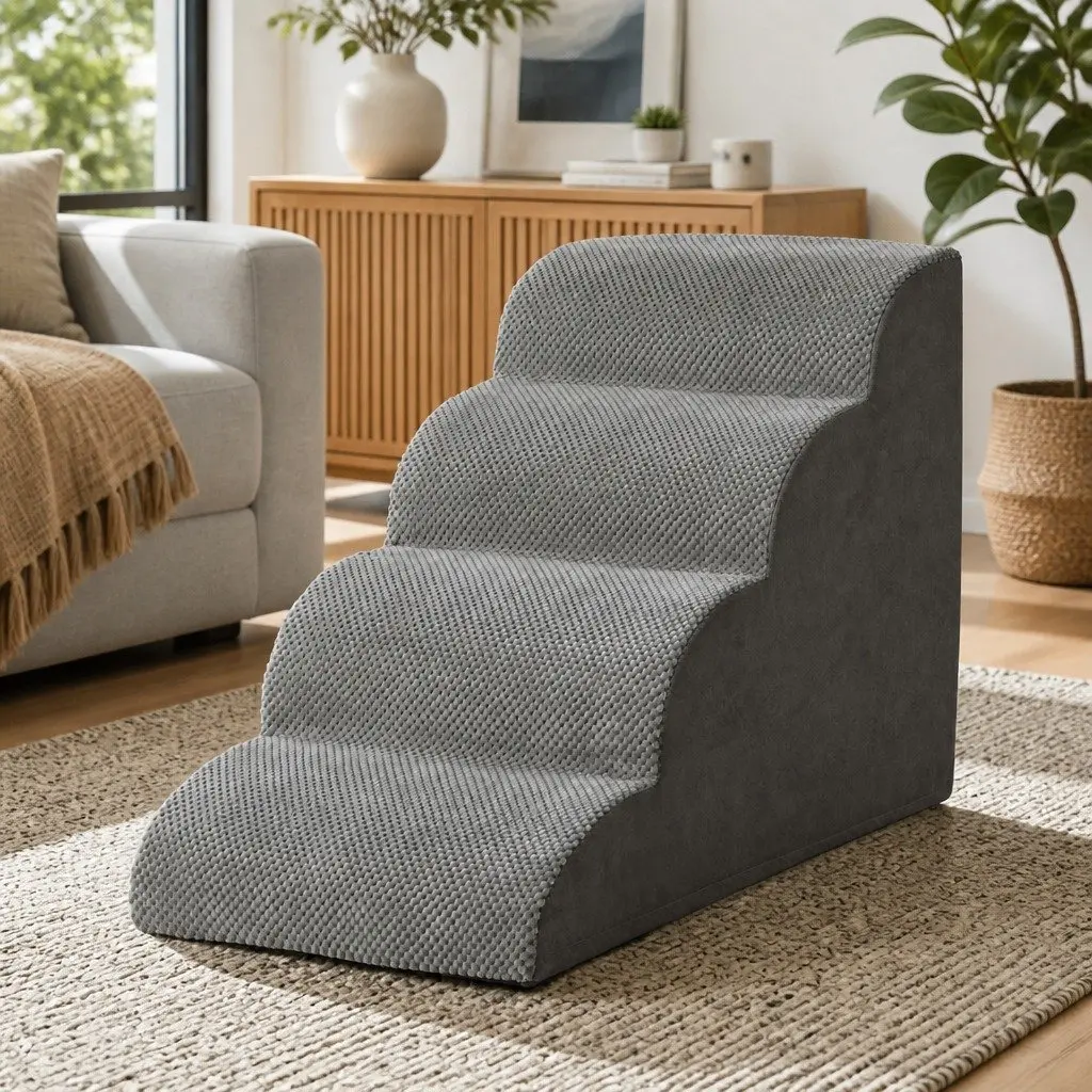 Dog Ramp Steps Pet Stairs 4 Tier Foam For Bed Sofa Car Portable Indoor Grey
