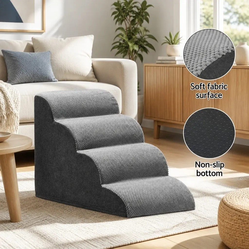 Dog Ramp Steps Pet Stairs 4 Tier Foam For Bed Sofa Car Portable Indoor Grey