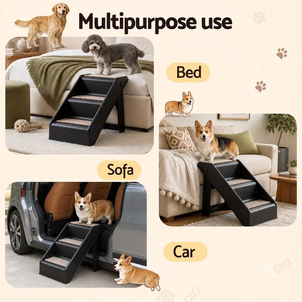 Dog Ramp Foldable 3 Steps PP Plastic Black