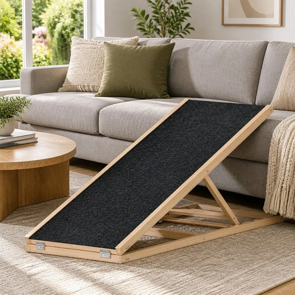 Dog Steps Wooden Foldable Ramp 100cm Adjustable Height for Pets Sofa Bed Car Natural Grey