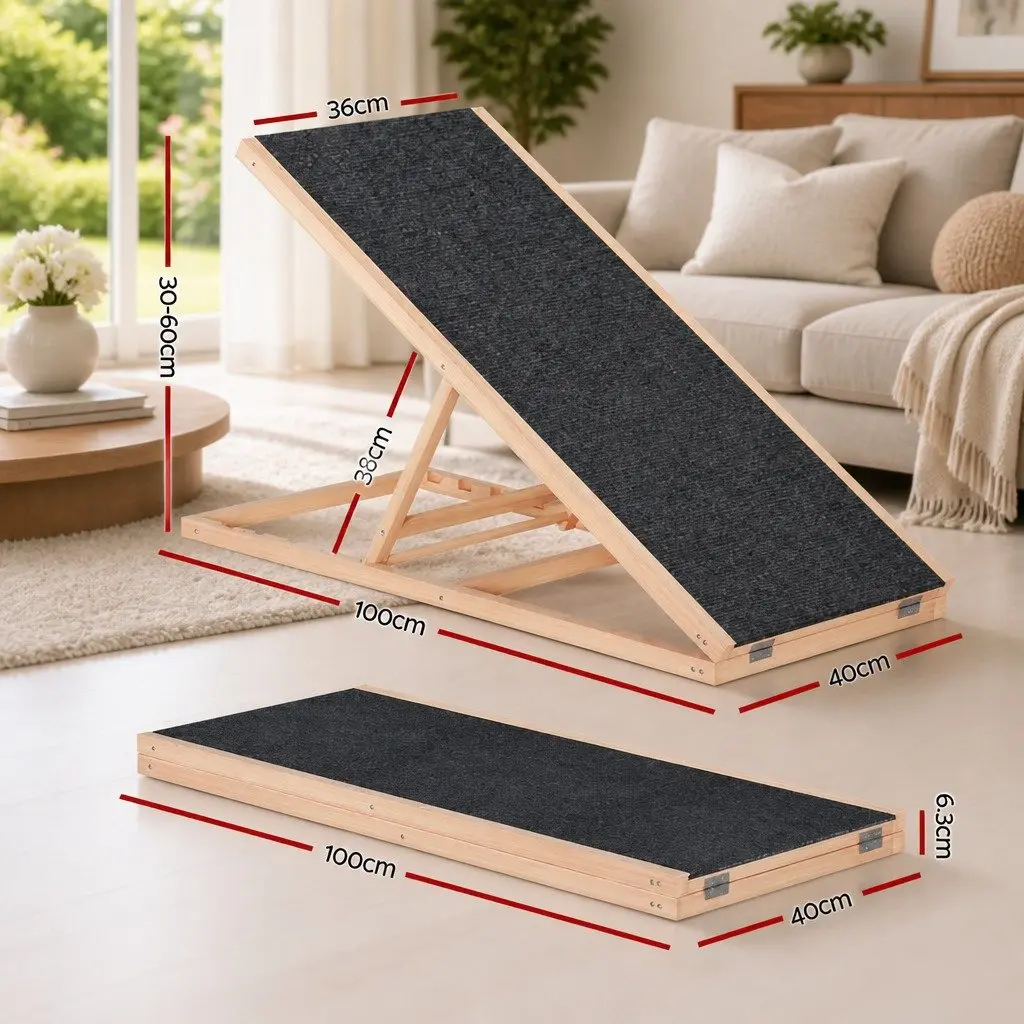 Dog Steps Wooden Foldable Ramp 100cm Adjustable Height for Pets Sofa Bed Car Natural Grey