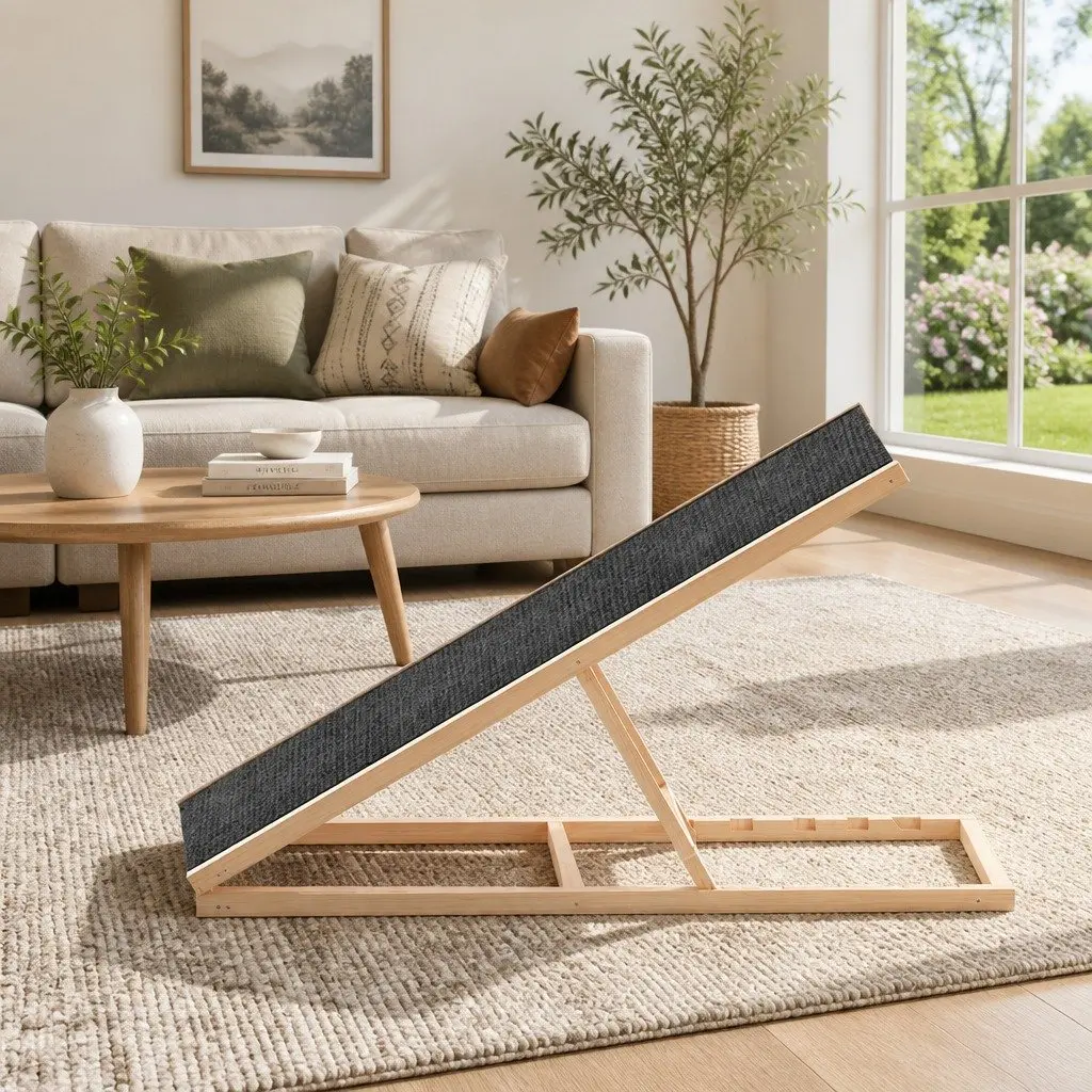 Dog Steps Wooden Foldable Ramp 100cm Adjustable Height for Pets Sofa Bed Car Natural Grey