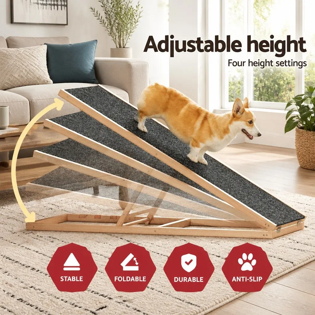 Dog Steps Wooden Foldable Ramp 100cm Adjustable Height for Pets Sofa Bed Car Natural Grey