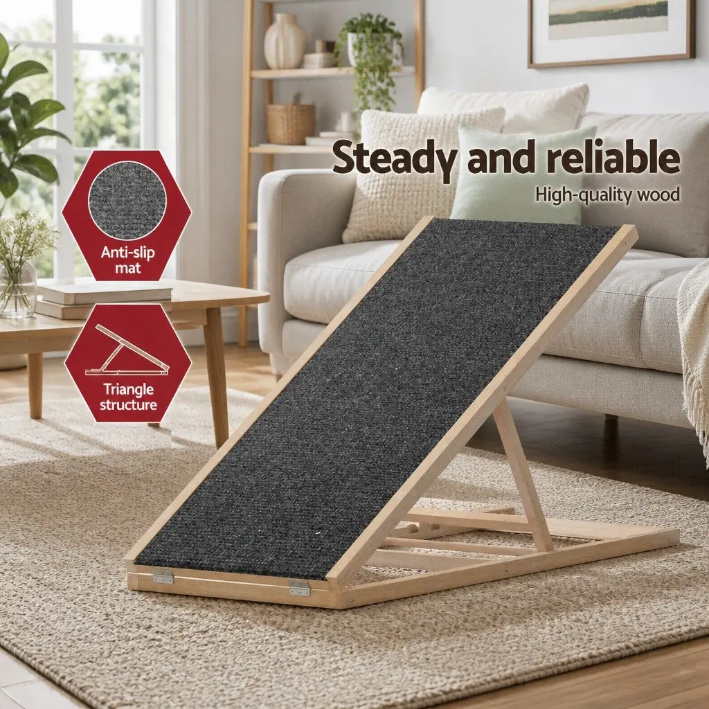 Dog Steps Wooden Foldable Ramp 100cm Adjustable Height for Pets Sofa Bed Car Natural Grey