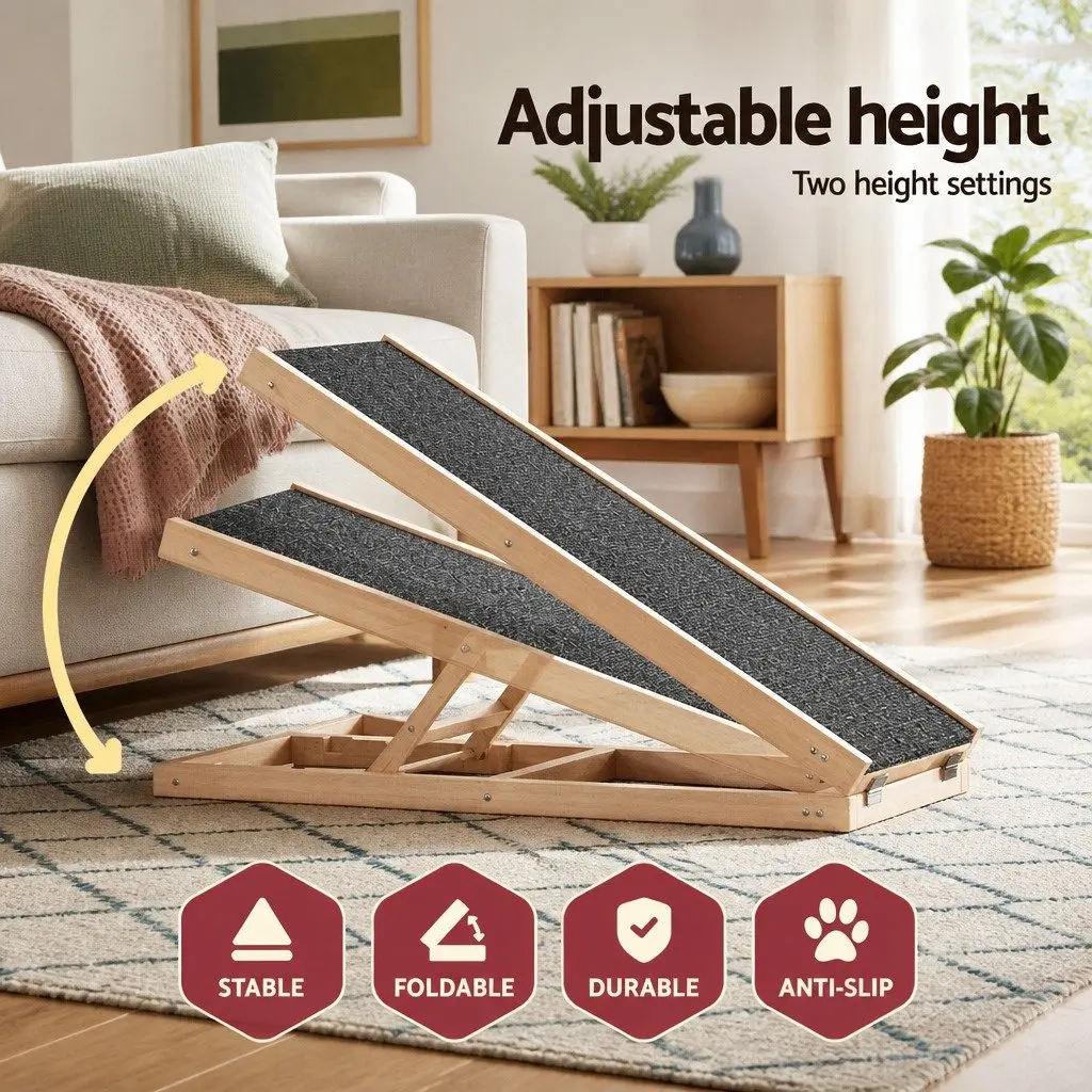 Dog Ramp Wooden Adjustable Height 70cm Foldable Natural Pine Grey