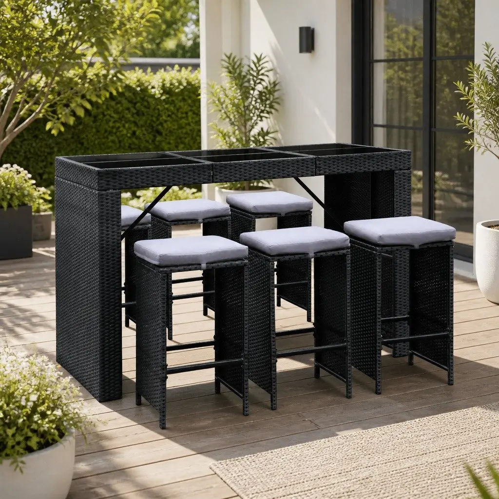 7 Piece Outdoor Bar Set Wicker Dining Table Stools Black Grey