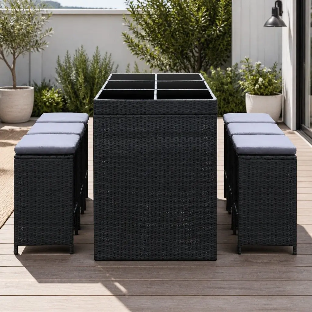 7 Piece Outdoor Bar Set Wicker Dining Table Stools Black Grey