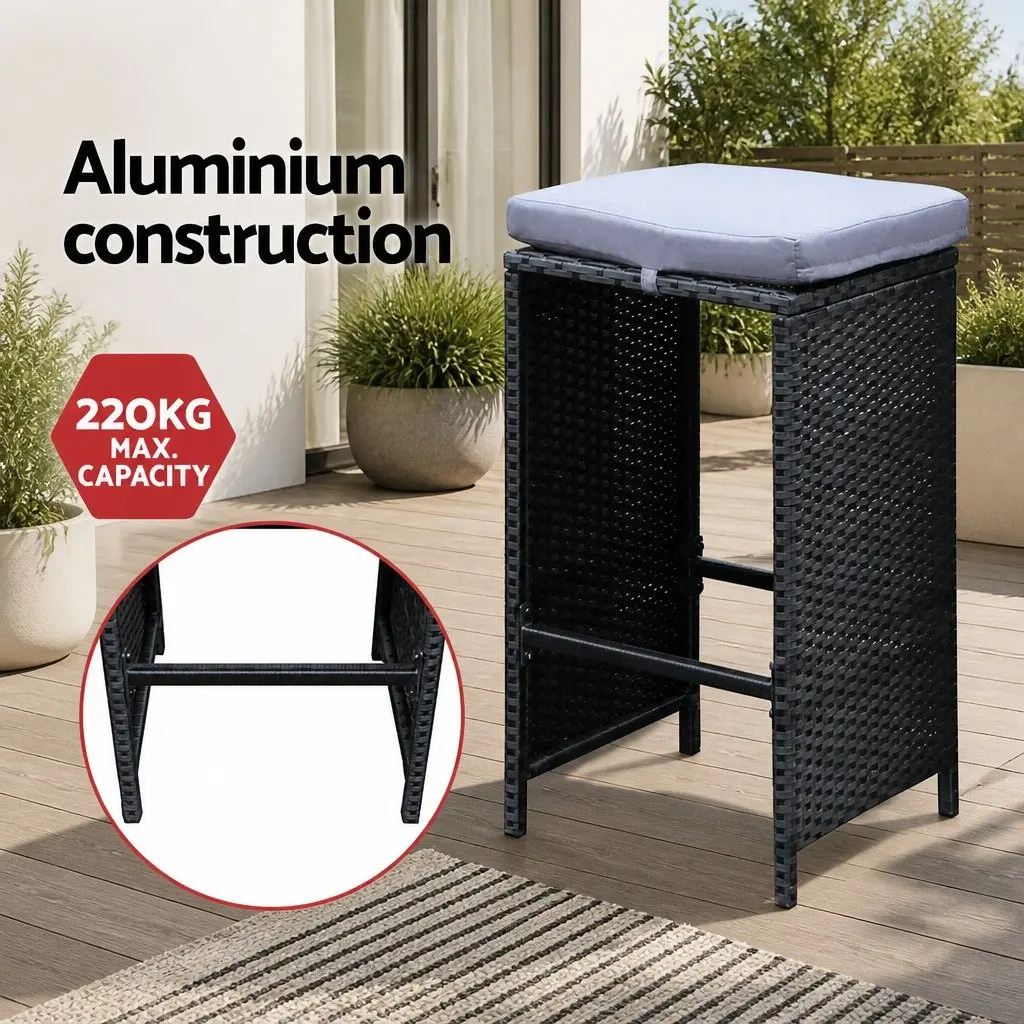 7 Piece Outdoor Bar Set Wicker Dining Table Stools Black Grey