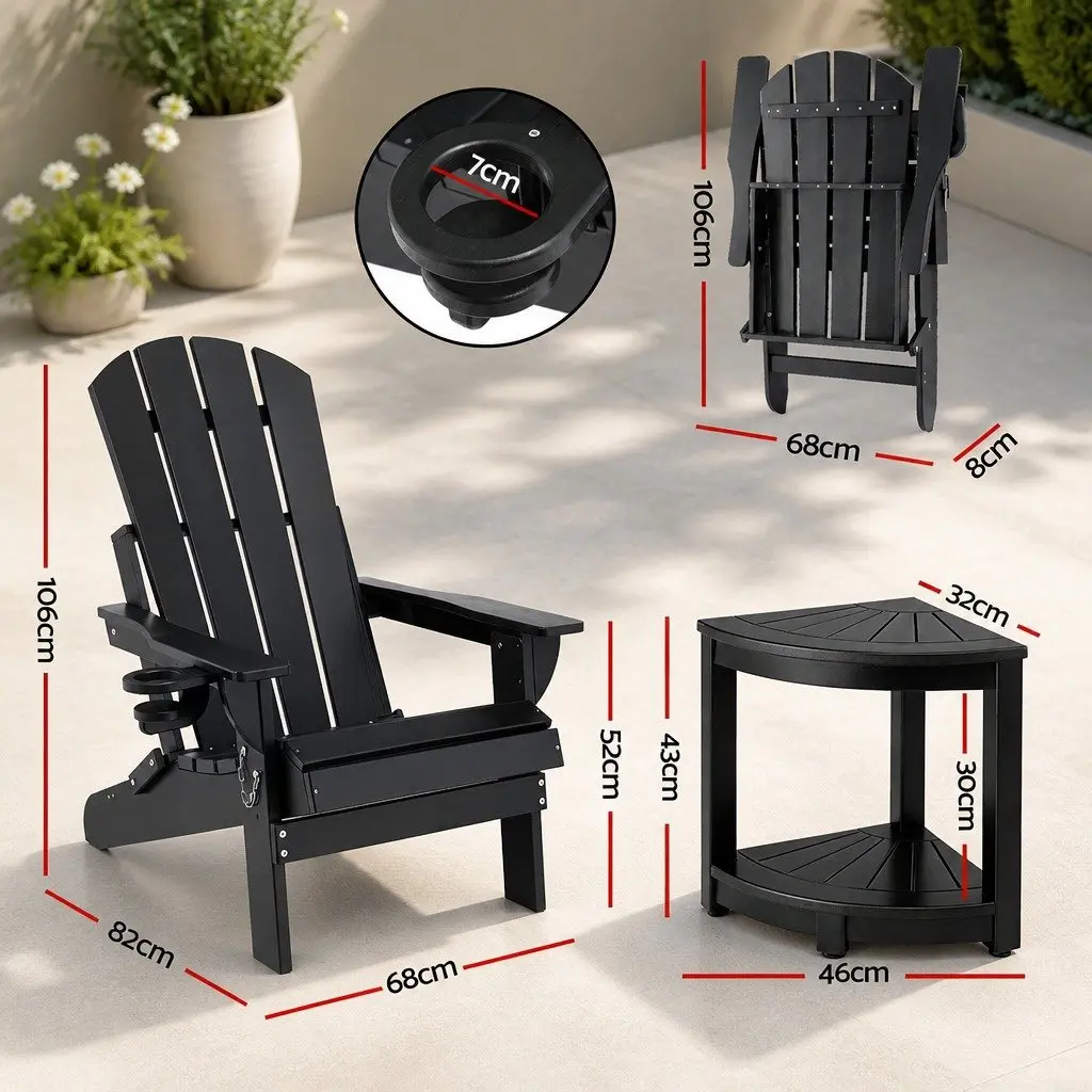 Adirondack Chair and Table Set Foldable HDPE Outdoor Furniture Black 3 Piece