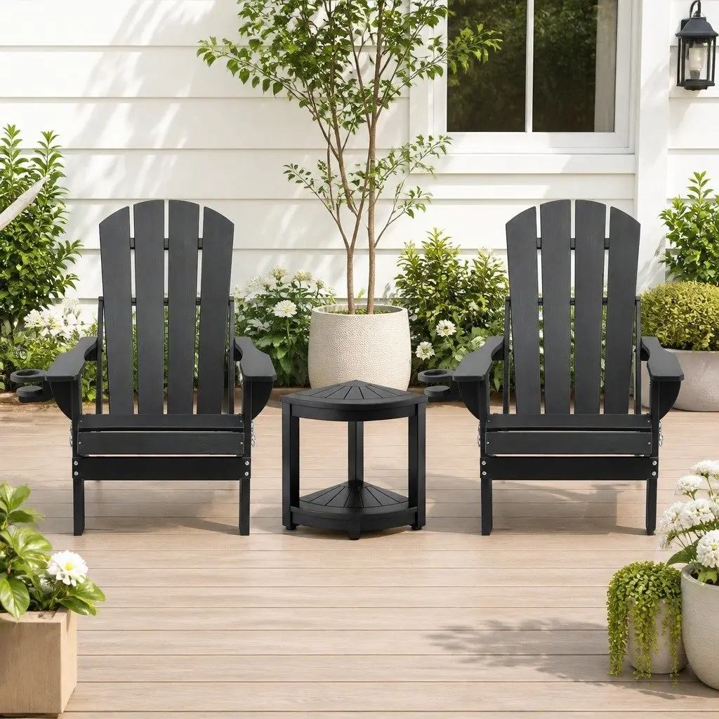 Adirondack Chair and Table Set Foldable HDPE Outdoor Furniture Black 3 Piece