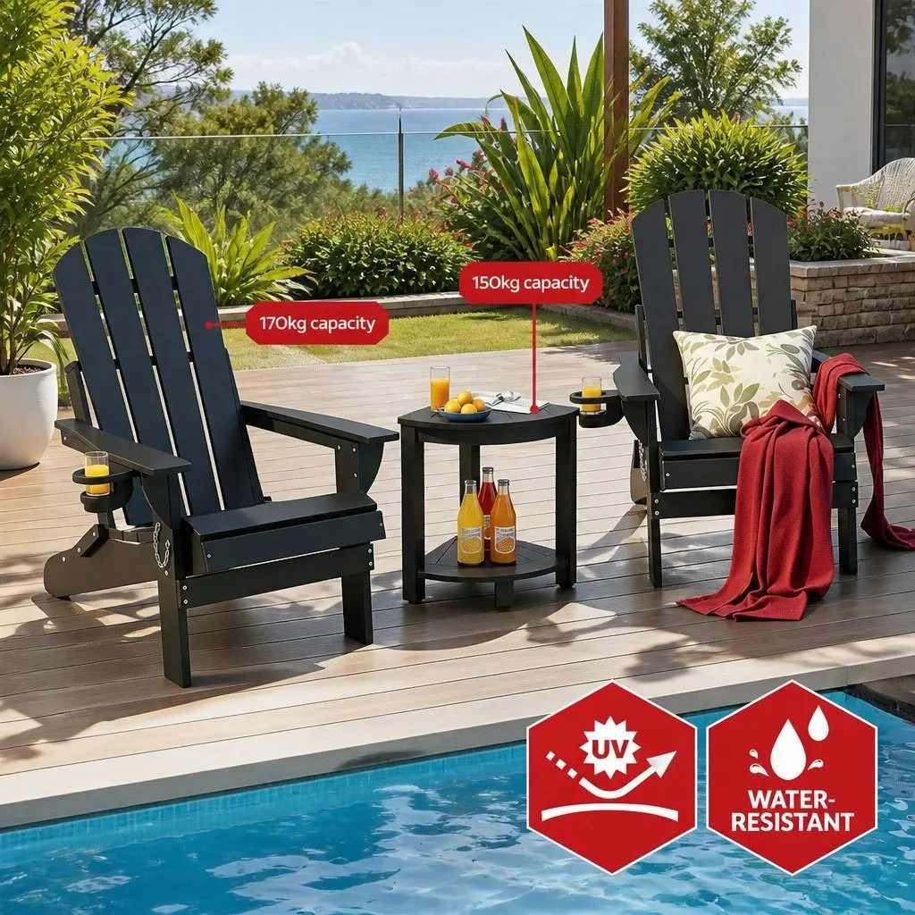 Adirondack Chair and Table Set Foldable HDPE Outdoor Furniture Black 3 Piece