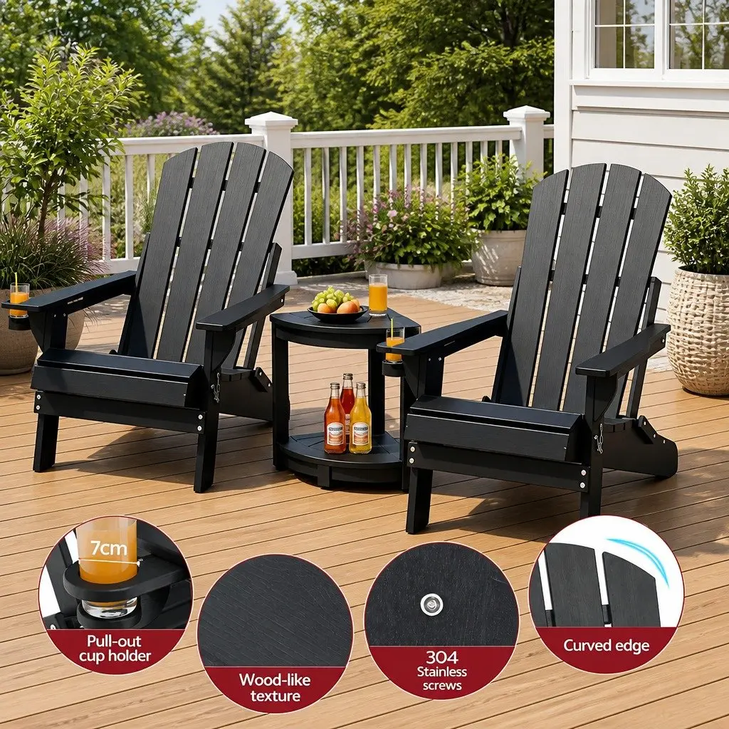 Adirondack Chair and Table Set Foldable HDPE Outdoor Furniture Black 3 Piece