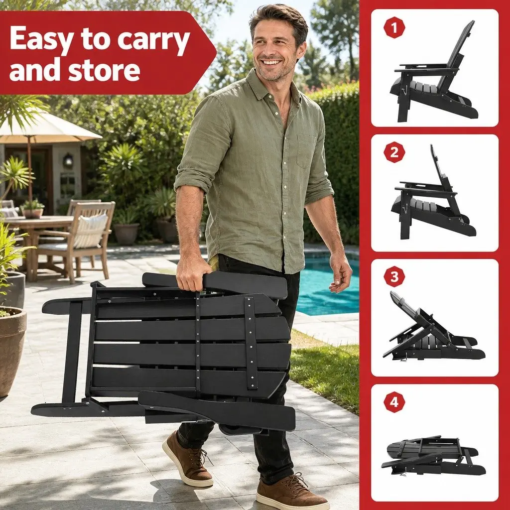 Adirondack Chair and Table Set Foldable HDPE Outdoor Furniture Black 3 Piece