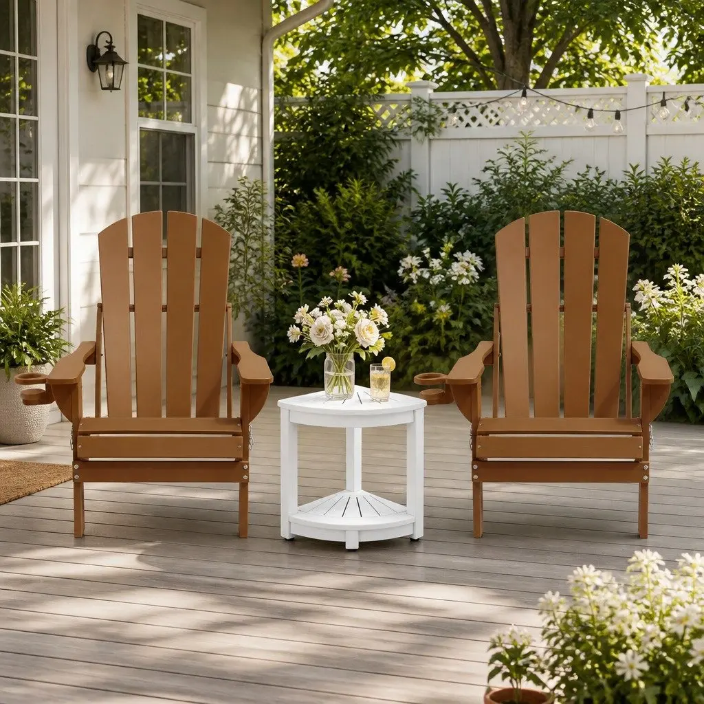 Foldable Adirondack Chair and Table Outdoor Furniture Set 3 Piece HDPE Brown and White