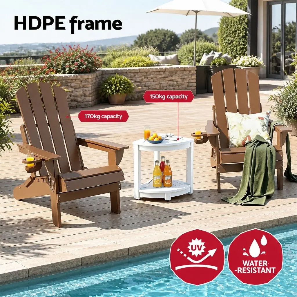 Foldable Adirondack Chair and Table Outdoor Furniture Set 3 Piece HDPE Brown and White