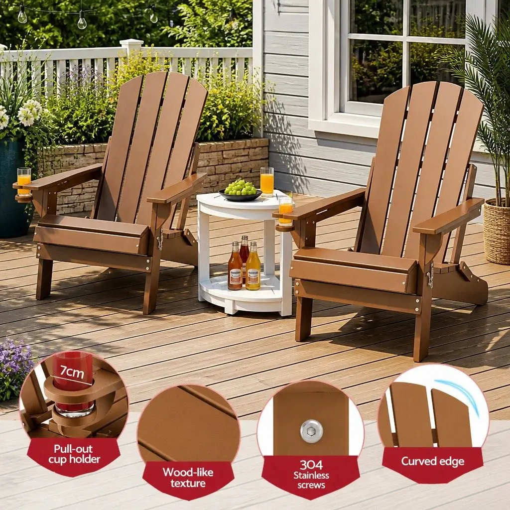 Foldable Adirondack Chair and Table Outdoor Furniture Set 3 Piece HDPE Brown and White