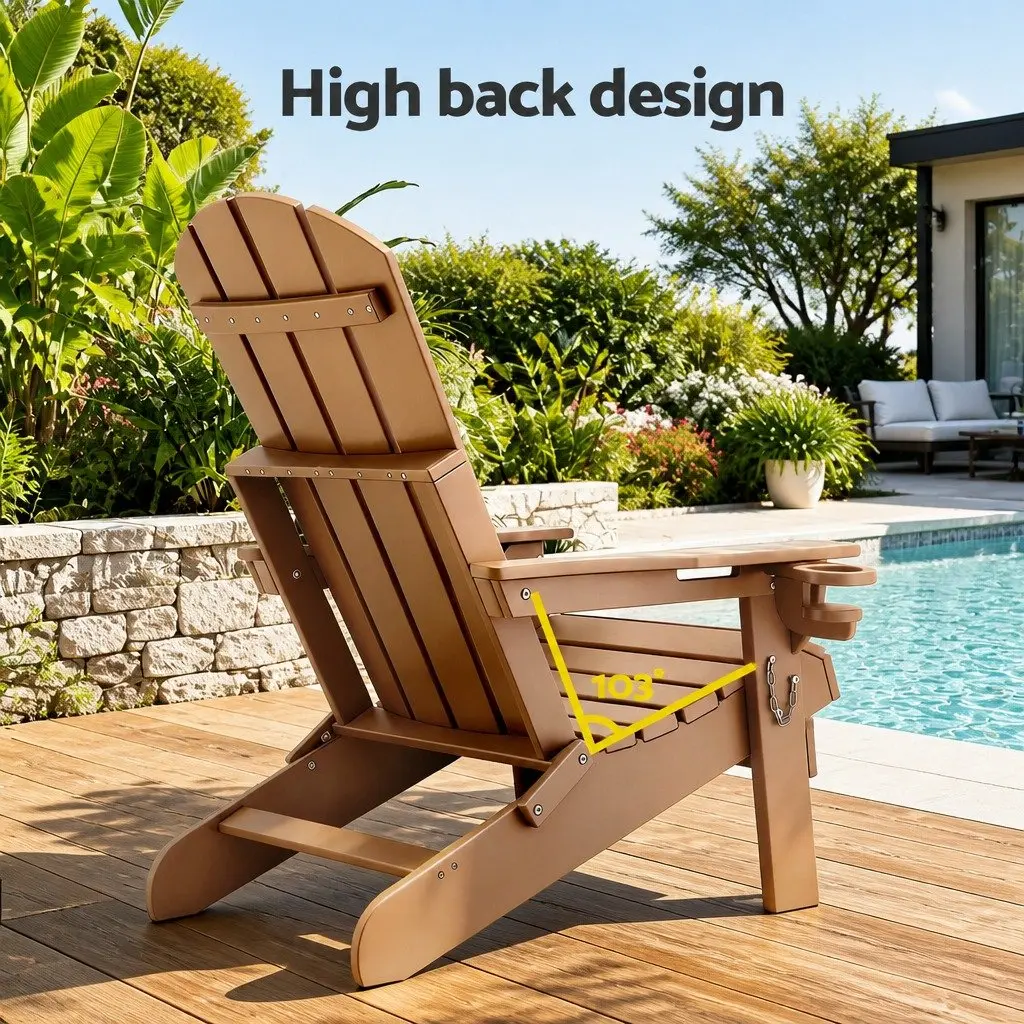 Foldable Adirondack Chair and Table Outdoor Furniture Set 3 Piece HDPE Brown and White