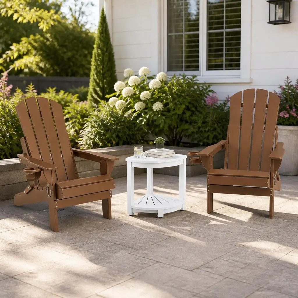 Foldable Adirondack Chair and Table Outdoor Furniture Set 3 Piece HDPE Brown and White