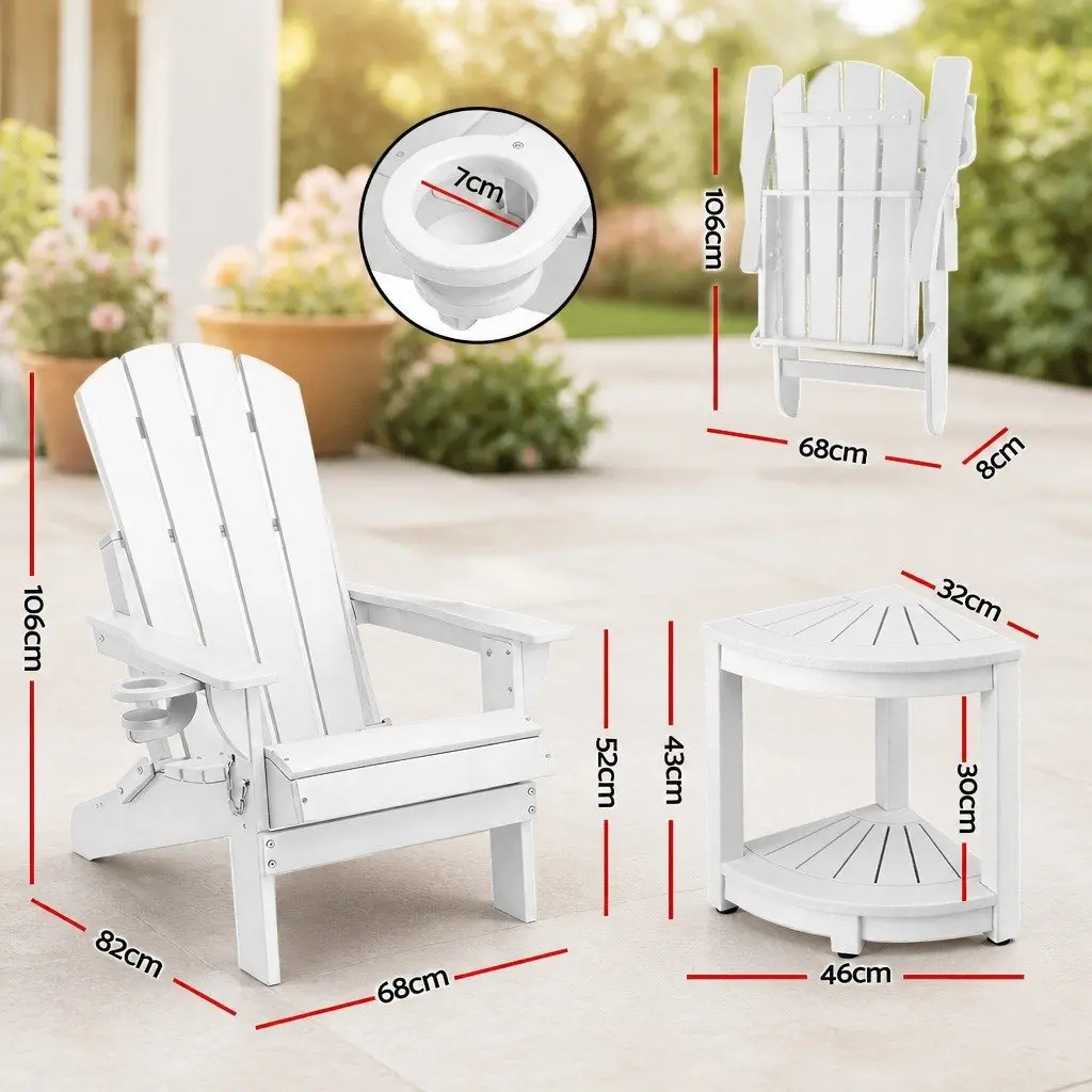 Outdoor Folding Chair and Side Table Set HDPE White 3 Piece Patio Relaxation Furniture
