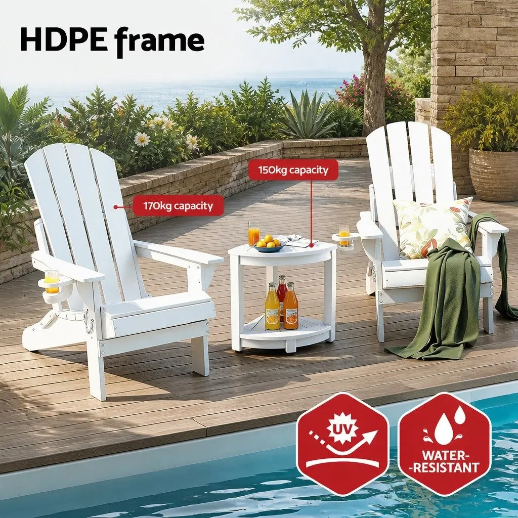 Outdoor Folding Chair and Side Table Set HDPE White 3 Piece Patio Relaxation Furniture