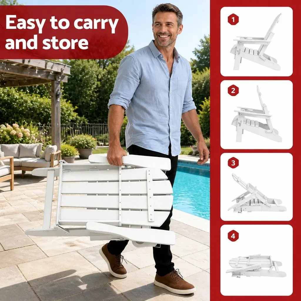 Outdoor Folding Chair and Side Table Set HDPE White 3 Piece Patio Relaxation Furniture