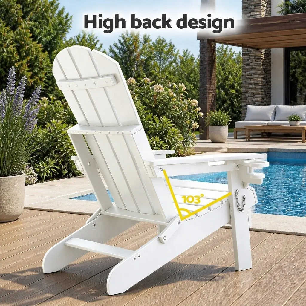 Outdoor Folding Chair and Side Table Set HDPE White 3 Piece Patio Relaxation Furniture