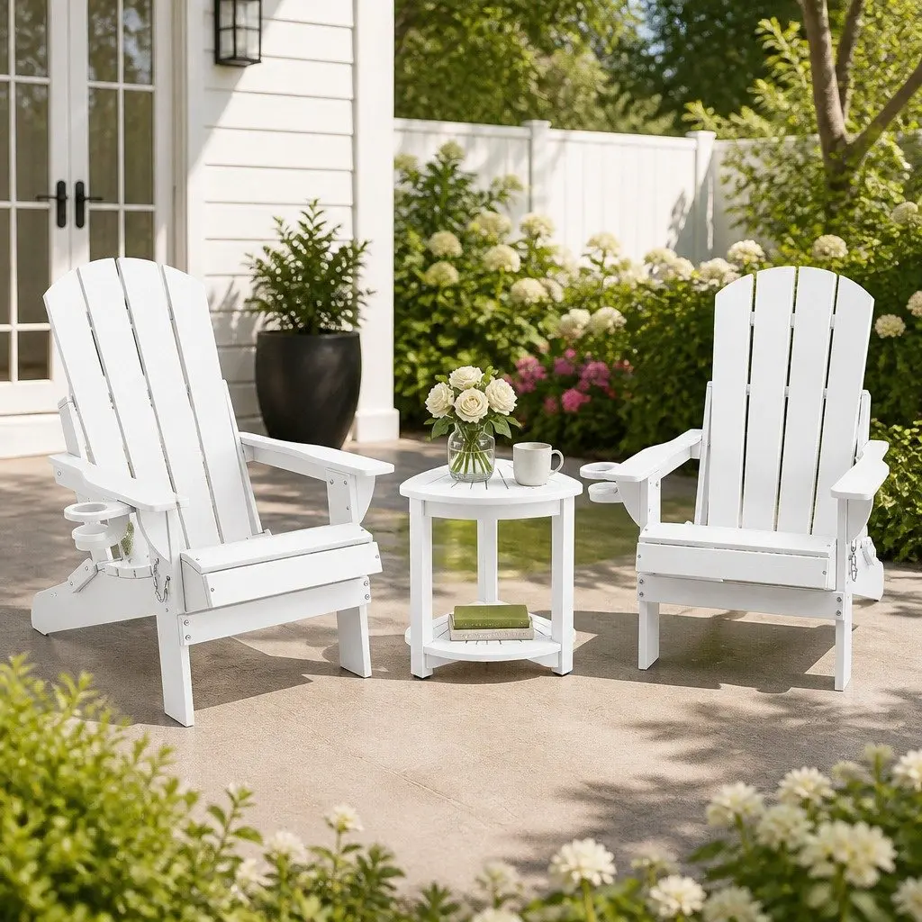 Outdoor Folding Chair and Side Table Set HDPE White 3 Piece Patio Relaxation Furniture