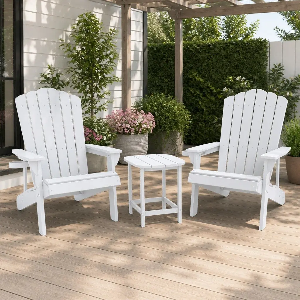 Adirondack Chairs and Side Table Set HDPE Outdoor Patio Garden Furniture White