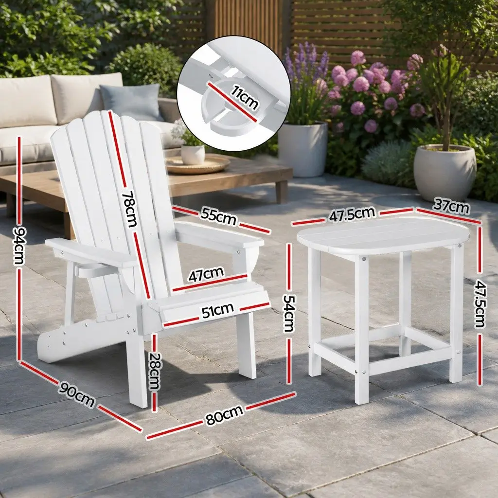Adirondack Chairs Set HDPE Outdoor Furniture White 3 Piece Garden Patio with Side Table