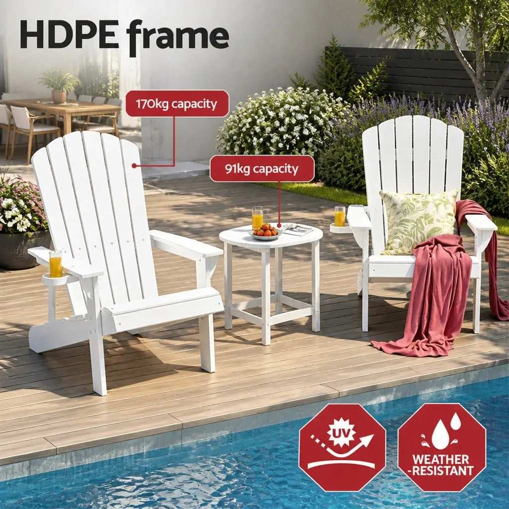 Adirondack Chairs Set HDPE Outdoor Furniture White 3 Piece Garden Patio with Side Table