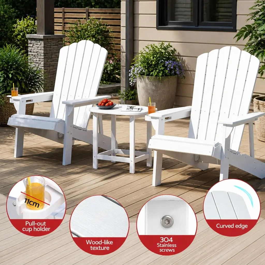 Adirondack Chairs Set HDPE Outdoor Furniture White 3 Piece Garden Patio with Side Table