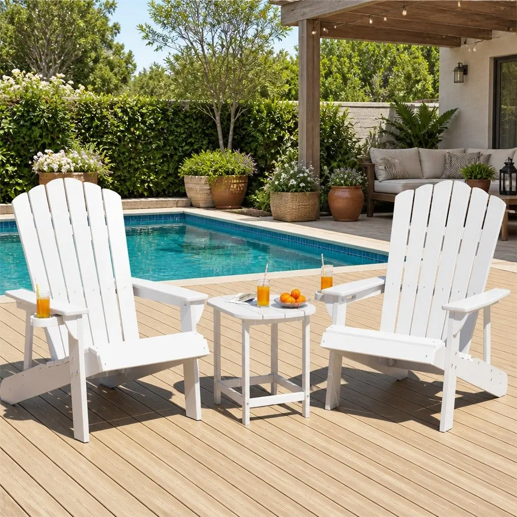 Adirondack Chairs Set HDPE Outdoor Furniture White 3 Piece Garden Patio with Side Table