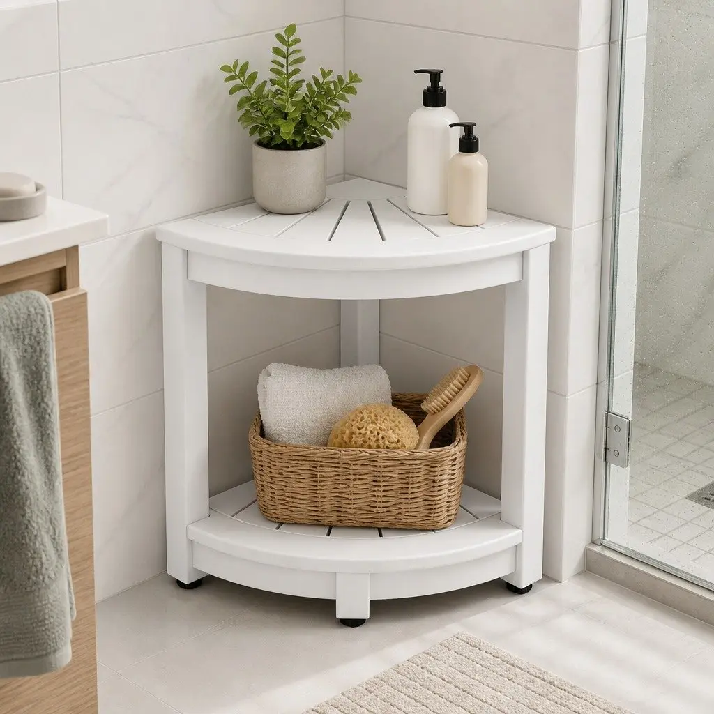 White Corner Shower Stool & Storage Table for Home