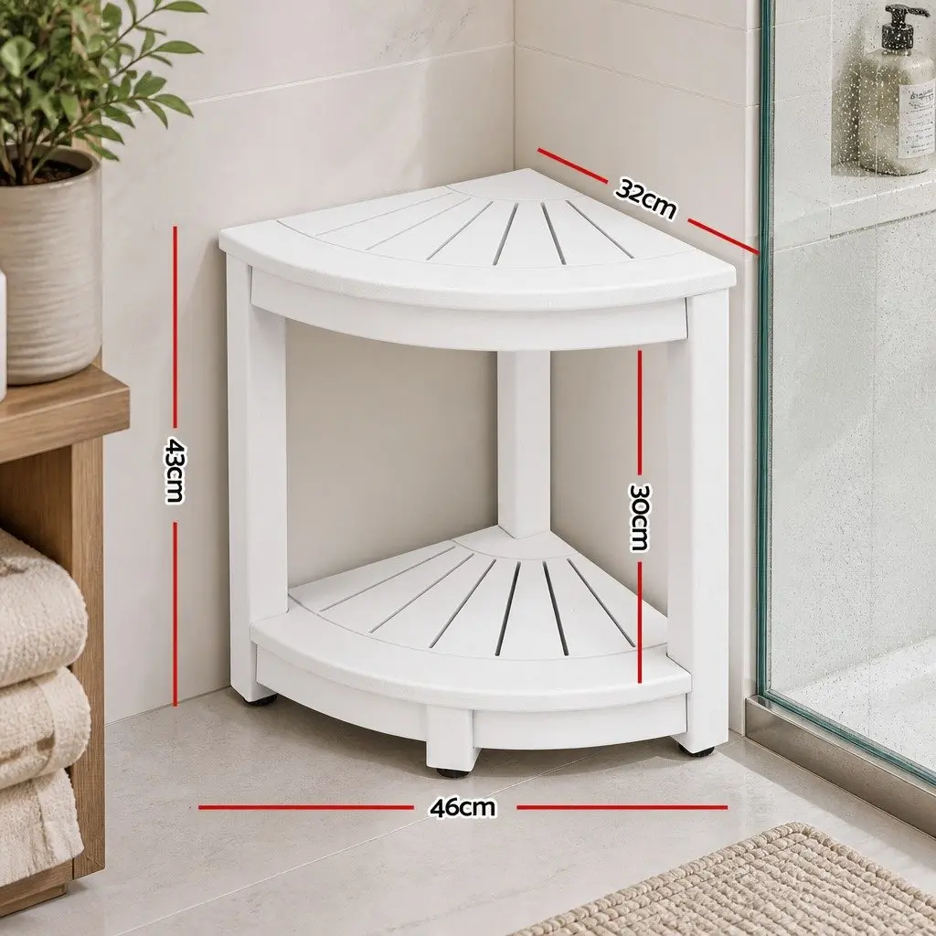 White HDPE Corner Shower Stool Side Table Storage Bench Outdoor Indoor Furniture 46x32x43cm