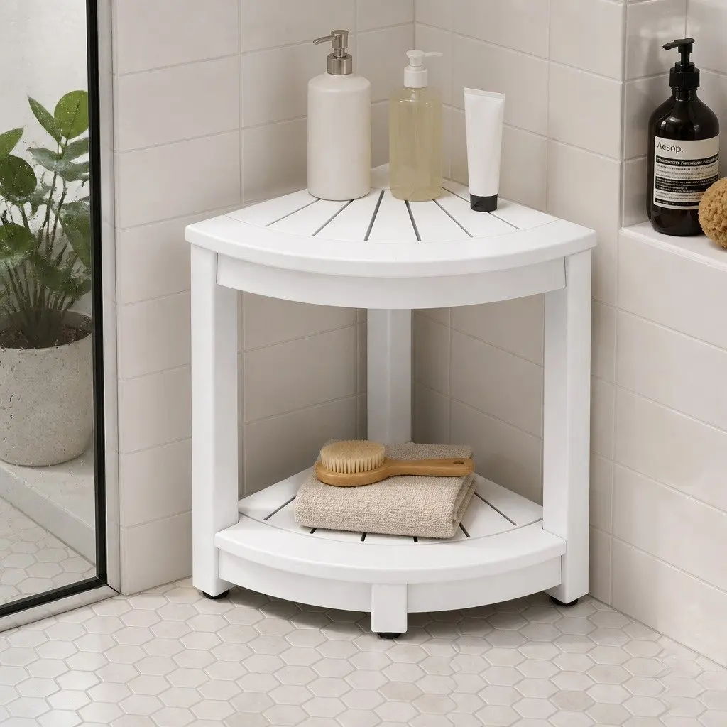 White HDPE Corner Shower Stool Side Table Storage Bench Outdoor Indoor Furniture 46x32x43cm
